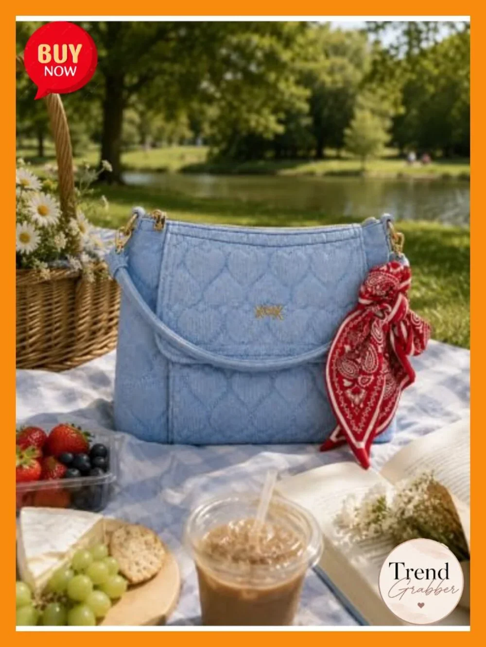 Heart Quilted Denim Shoulder Bag with Convertible Crossbody Strap, Scarf Charm